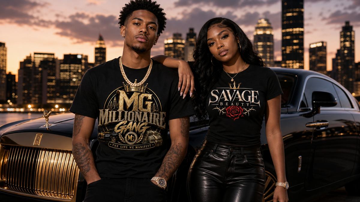 Models wearing GWA Urban Millionaire Gang and Savage Beauty graphic tees beside a luxury car at sunset