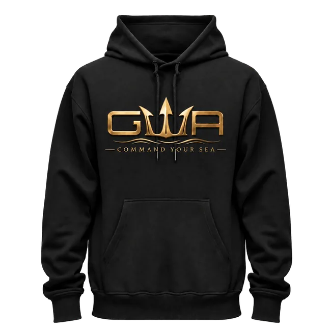 GWA Urban Command Your Sea hoodie with gold GWA trident logo on a black pullover hoodie
