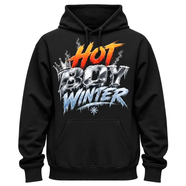 Hot Boy Winter hoodie with fire-and-ice lettering on a black pullover hoodie
