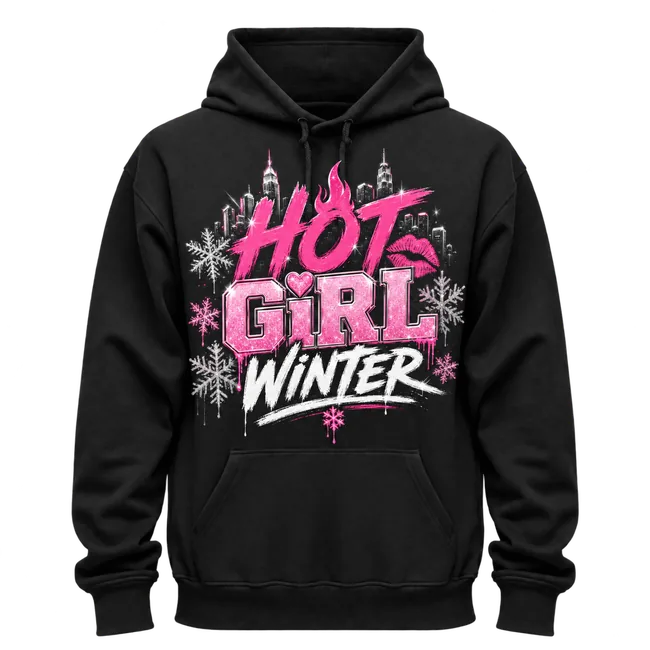 Hot Girl Winter hoodie with pink glitter lettering and snowflakes on a black pullover hoodie