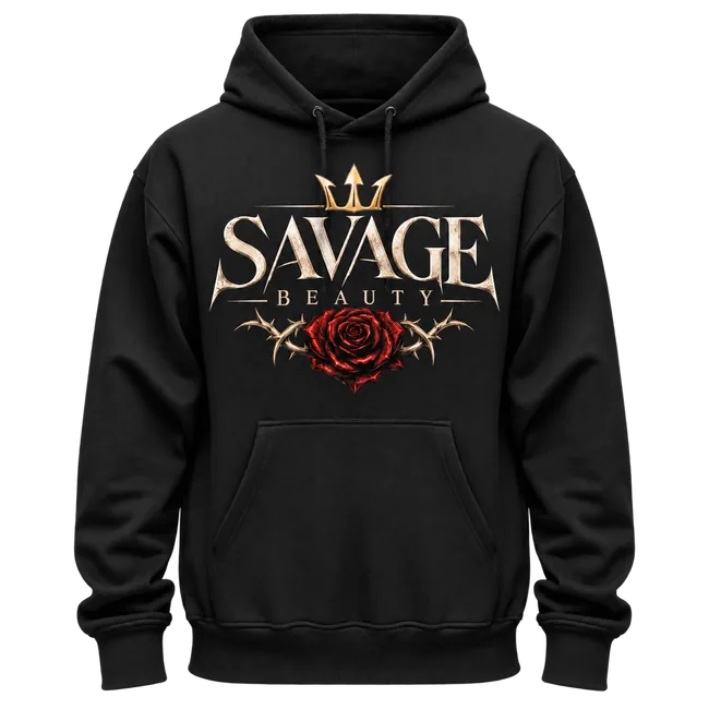 Savage Beauty hoodie with a red rose, thorns and gold crown on a black pullover hoodie