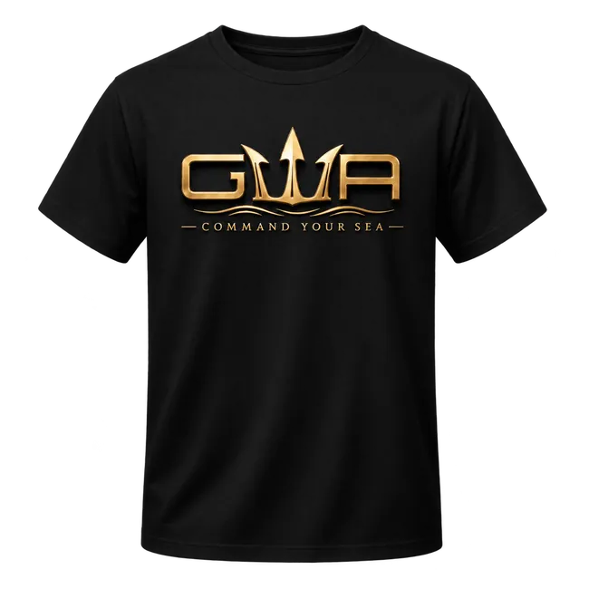 GWA Urban Command Your Sea graphic tee with gold foil GWA trident logo on a black T-shirt
