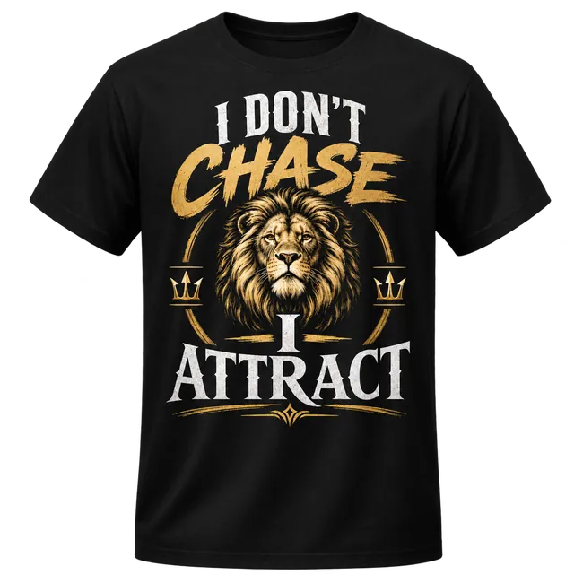 I Don't Chase I Attract graphic tee with a gold lion head on a black T-shirt