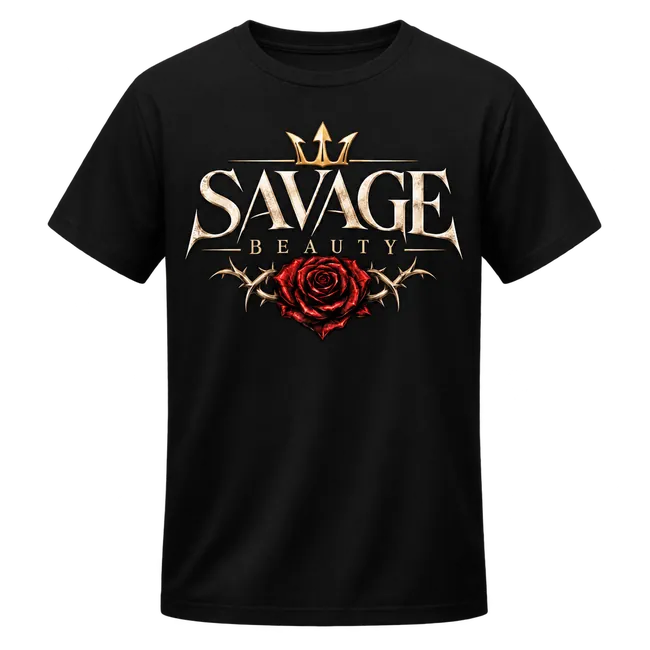 Savage Beauty graphic tee with a red rose, thorns and gold crown on a black T-shirt