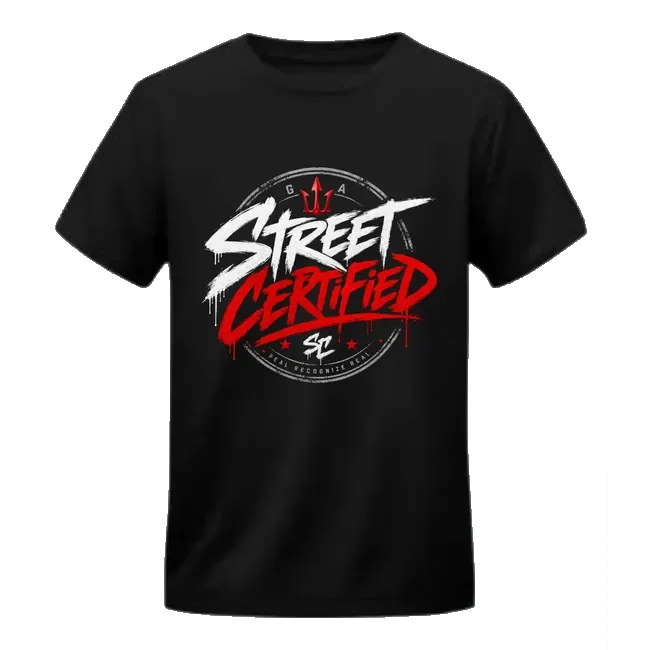 Street Certified graphic tee with red and white spray-paint lettering on a black T-shirt